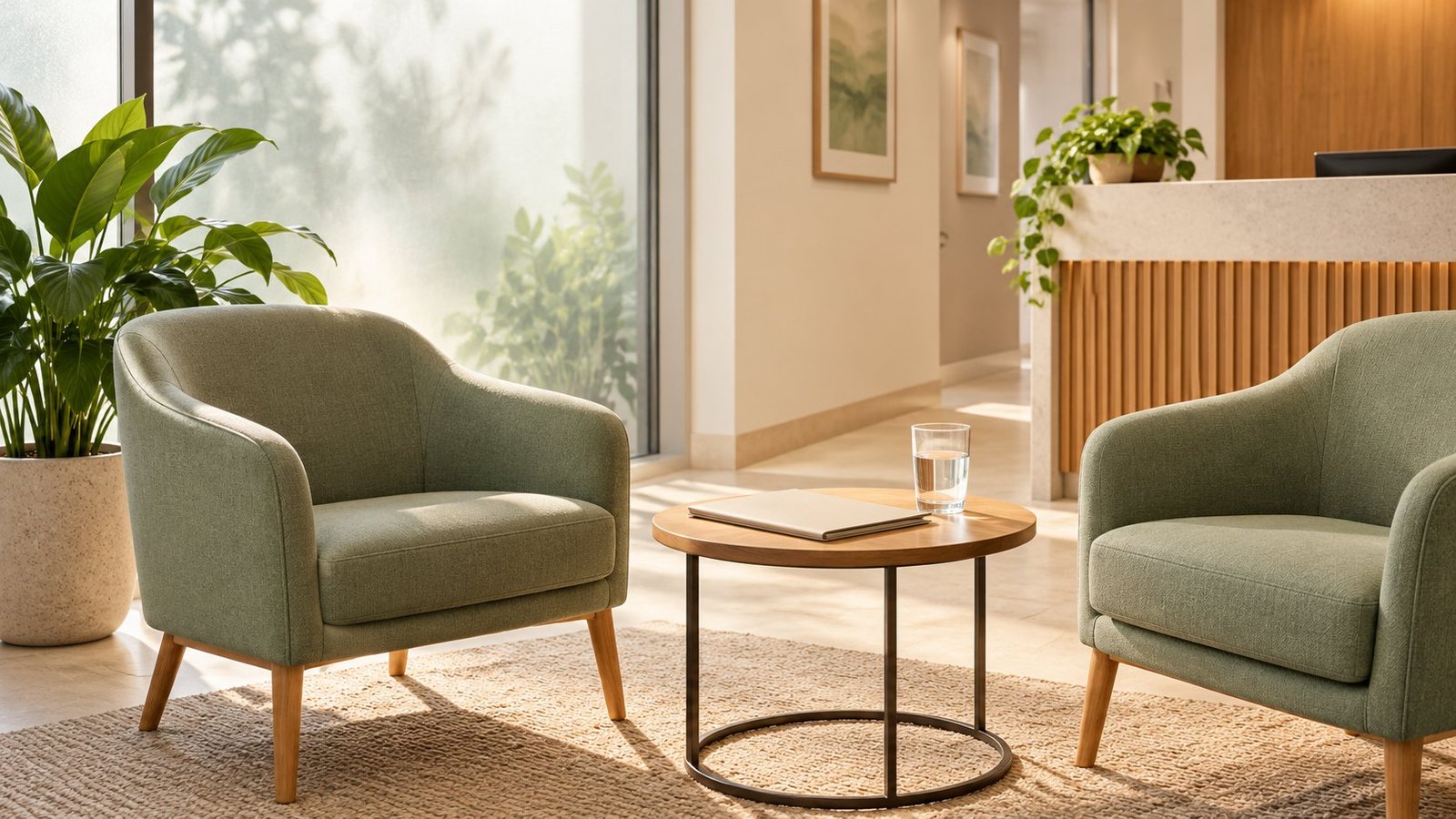 Ilustração de sala de espera vazia com cadeiras verdes, mesa, pasta fechada e planta.