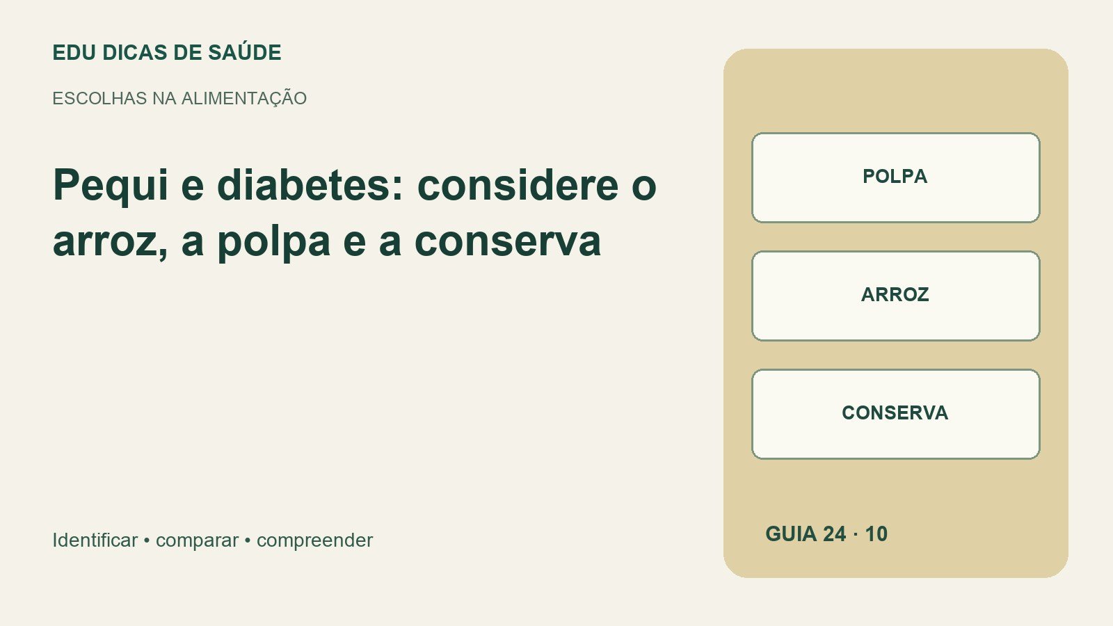 Diagrama editorial de Pequi e diabetes: polpa, arroz, conserva.