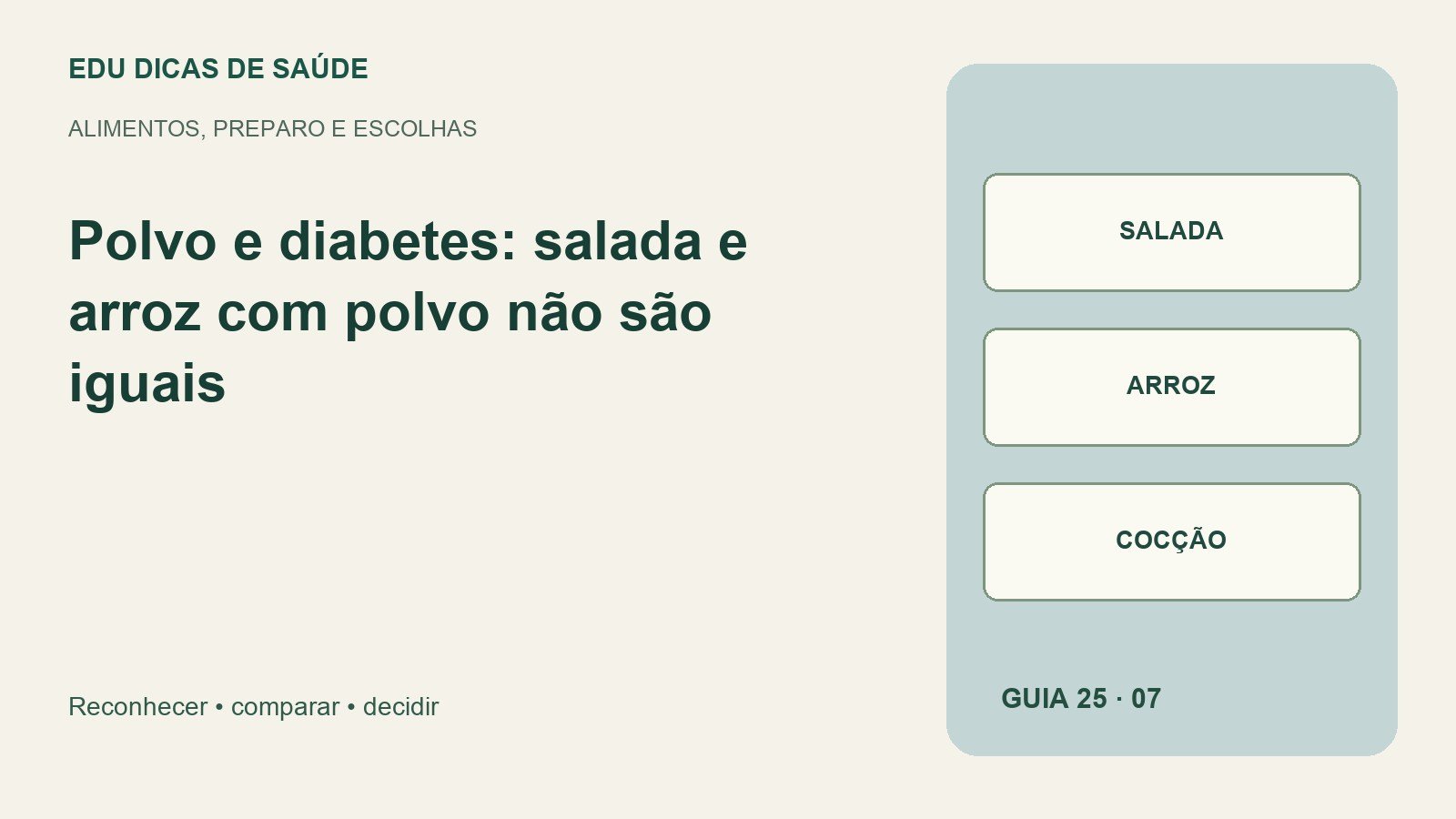 Diagrama editorial de Polvo e diabetes: salada, arroz, cocção.