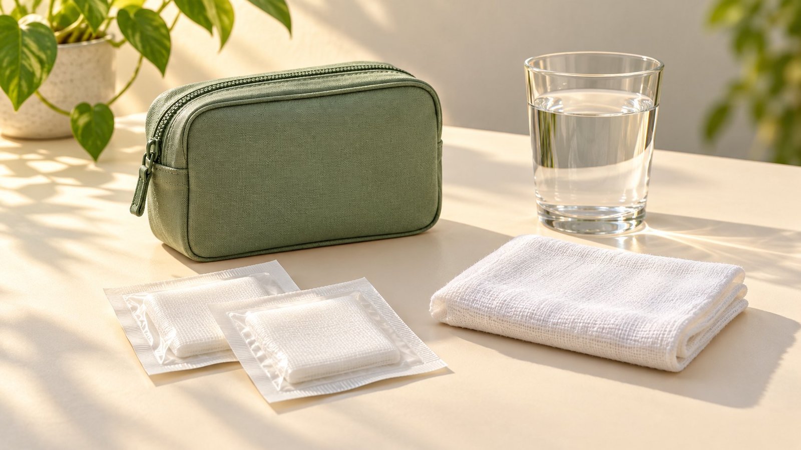 Ilustração de bolsa verde fechada, pacotes de gaze, pano branco dobrado e copo de água sobre uma mesa.