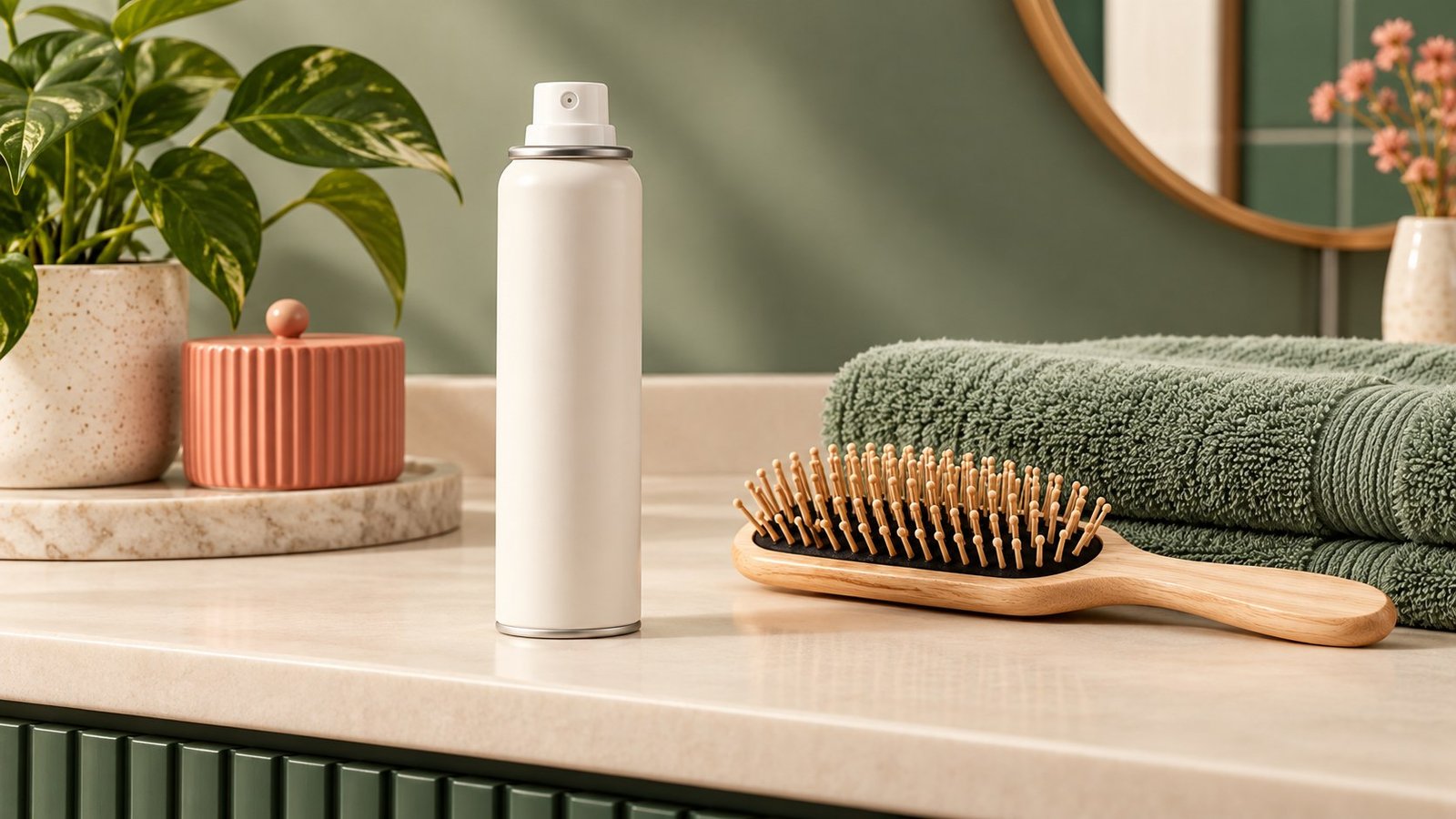 Ilustração de frasco de spray genérico, escova de cabelo e toalha.